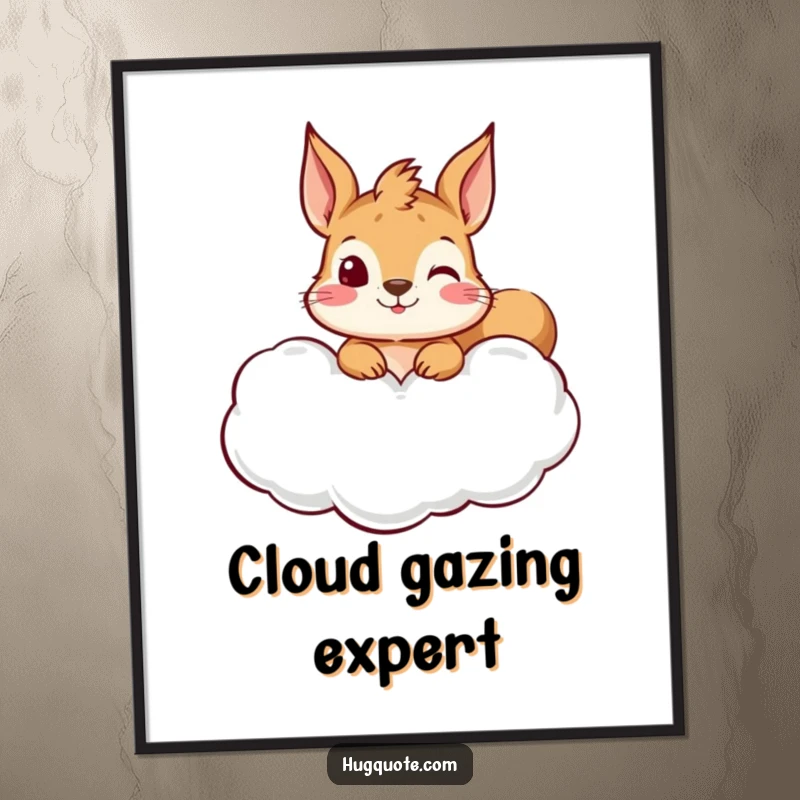 Funny squirrel digital art print showing a curious character peeking from a hug-shaped cloud, ideal for adding whimsical and heartwarming decor.