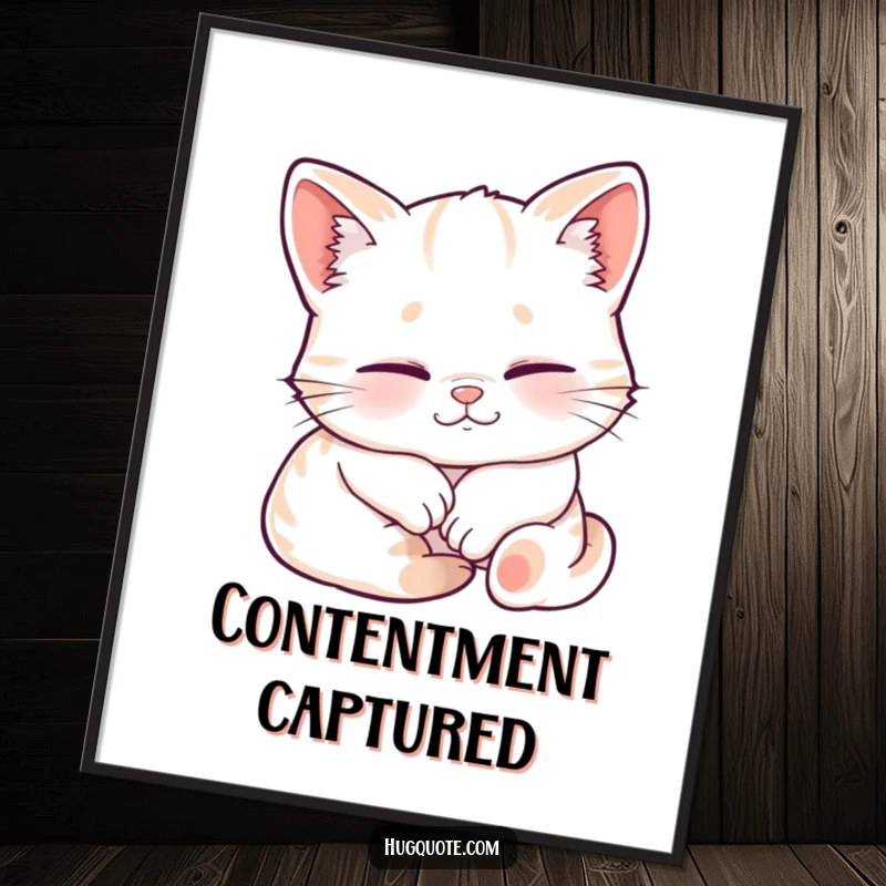 Funny digital art print of a sleepy kitten smiling contentedly while being embraced, perfect for instant cozy and heartwarming decor.