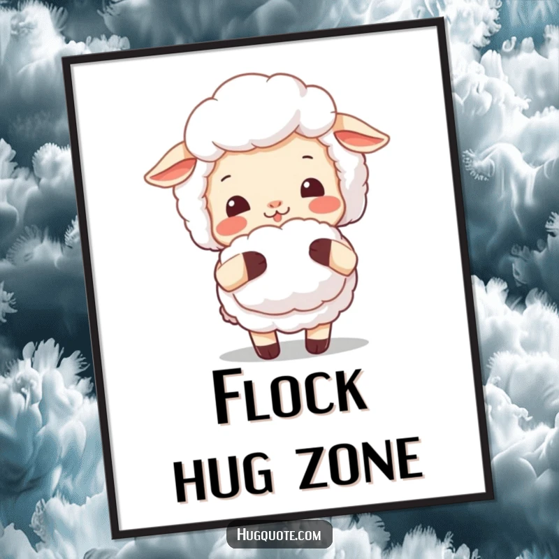 Funny sheep digital art print showing a smiling sheep offering a fluffy hug, ideal for adding heartwarming and cozy decor.