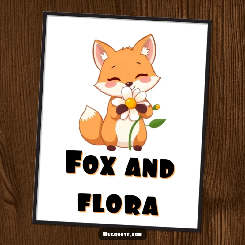 Funny digital art print of a small fox character sharing a wide, happy hug with a flower, celebrating nature's beauty.