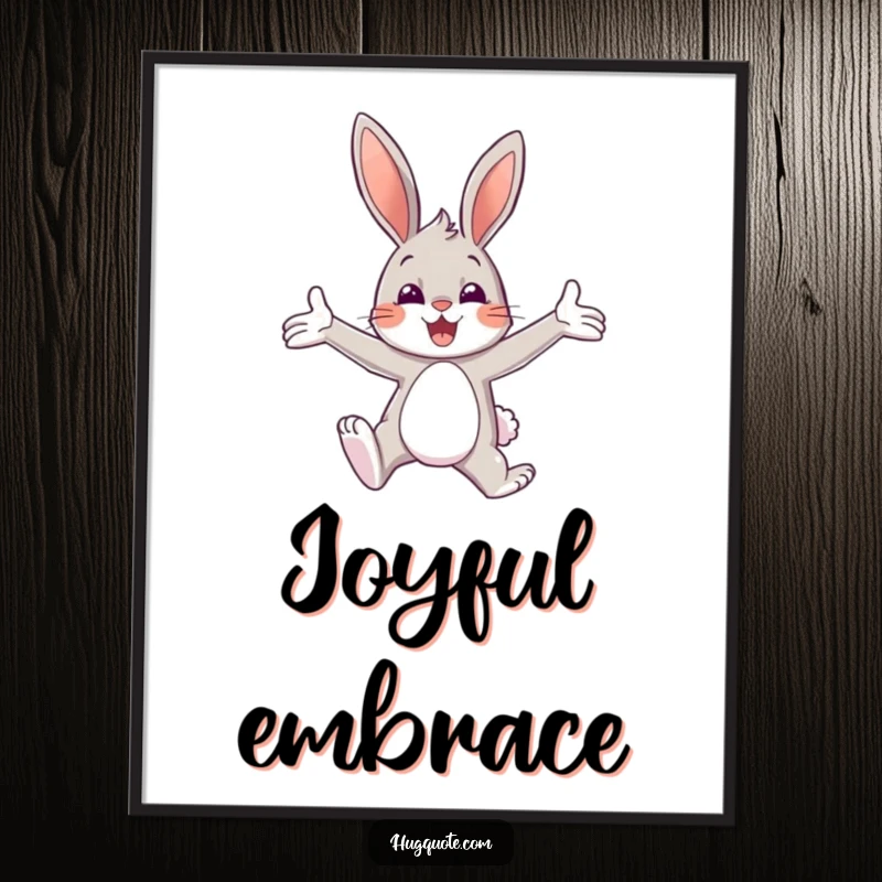 Funny digital art print of a bunny character leaping with open arms, capturing a moment of cheerful embrace.