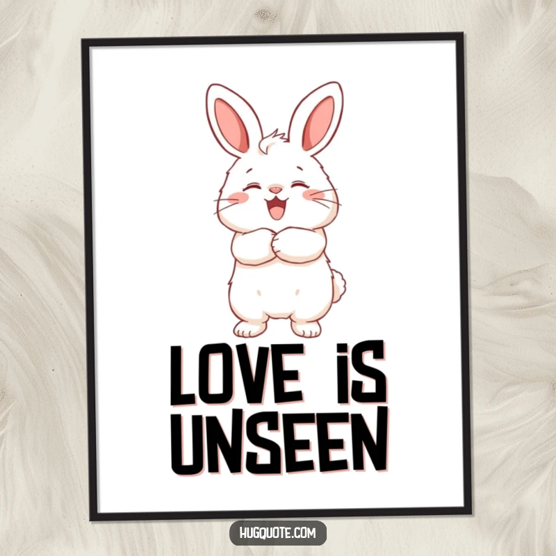 Funny digital art print of a fluffy bunny joyfully hugging an unseen friend, perfect for instant heartwarming decor.