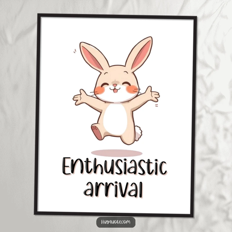 Funny digital art print of a small bunny character leaping with open arms, symbolizing boundless enthusiasm and cheerful greetings.