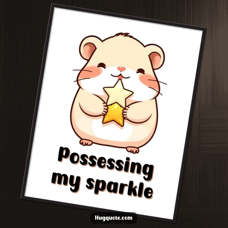 Funny cheerful hamster character hugging a shining star, a digital art print adding adorable charm and humor.