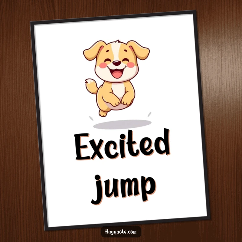 Funny digital art print of a happy dog character wagging its tail and attempting a small jump, perfect for conveying infectious joy.