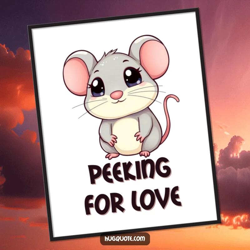 Funny mouse digital art print featuring a kawaii mouse with big eyes peeking out, inviting a hug, bringing adorable and heartwarming charm to any space.