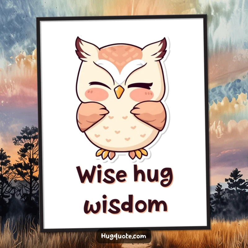 Funny owl digital art print featuring a kawaii owl giving a gentle hug with a playful wink, bringing adorable and heartwarming charm to any space.