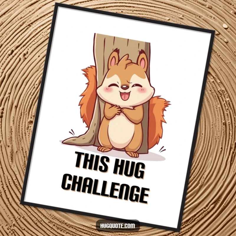 Funny squirrel digital art print showing a kawaii squirrel comically failing to hug an oversized object, a humorous and adorable piece for any wall.