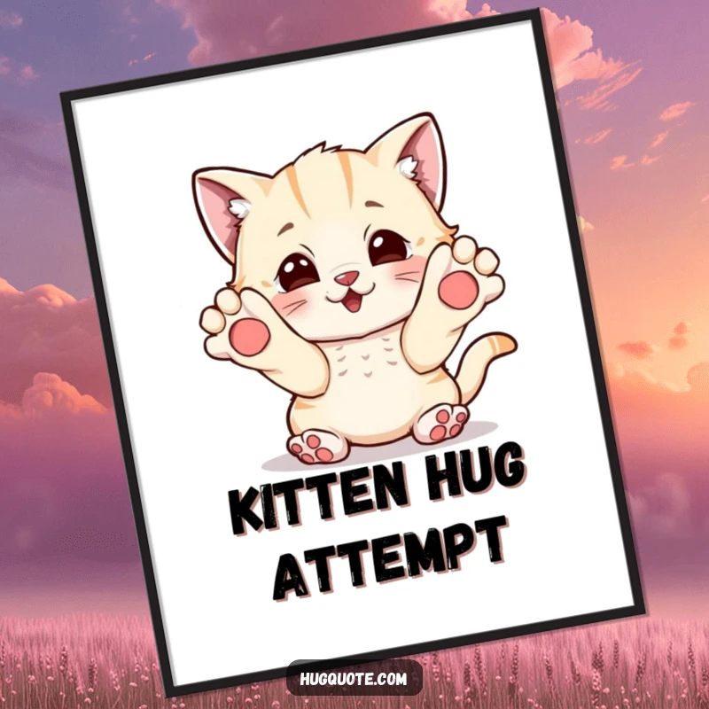 Funny digital art print of a playful kitten character reaching out with paws, inviting a hug with charm.