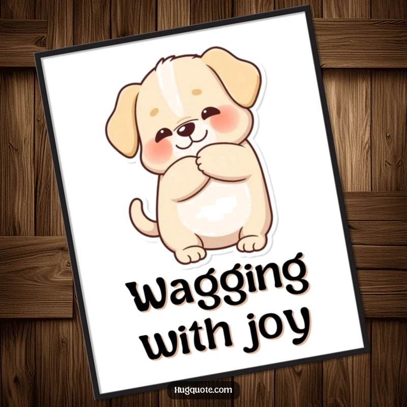Funny digital art print of a chubby puppy character wagging its tail happily during a hug, ready for instant download.