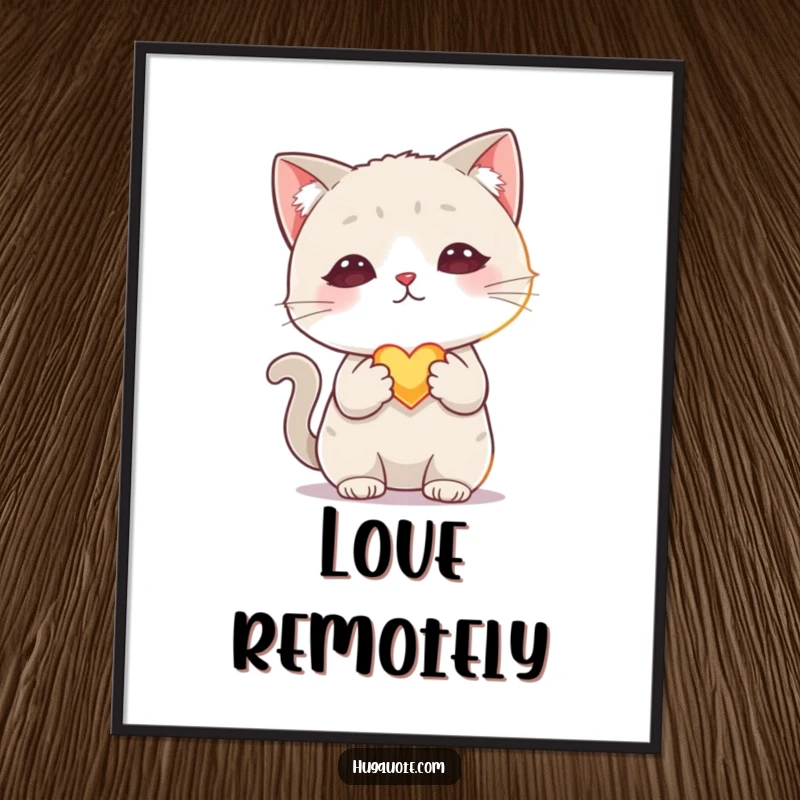 Funny digital art print of a shy cat character offering a tiny, glowing heart, perfect for expressing gentle love and charm.