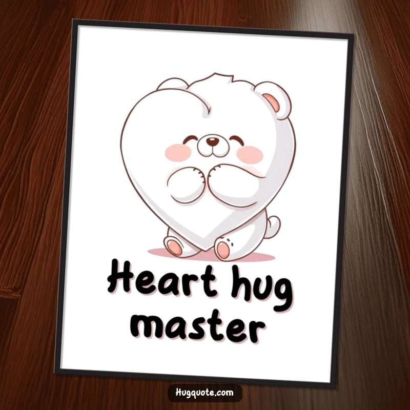 Funny digital art print of a fluffy bear character joyfully embracing a giant marshmallow heart, perfect for vibrant decor.