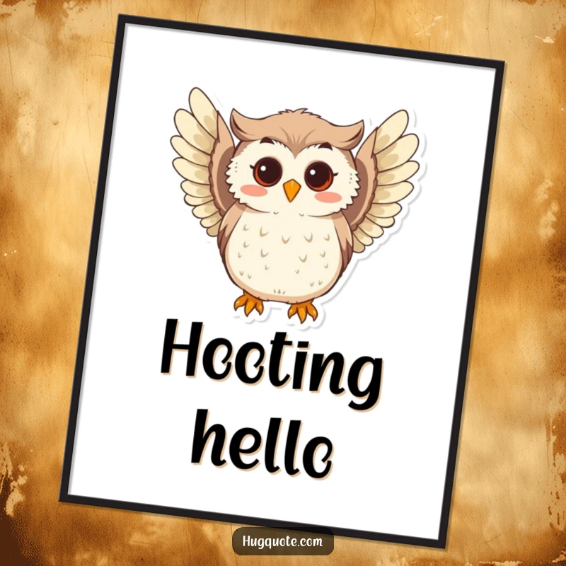 Funny digital art print of a curious owl character softly hooting and extending its playful wings, perfect for conveying gentle wisdom.