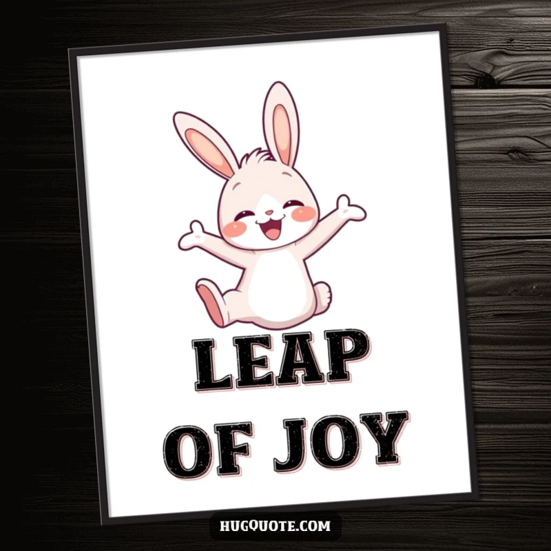 Funny digital art print of a cute bunny character joyfully leaping into an embrace, ready for instant download and cheerful display.