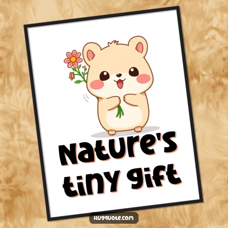 Funny digital art print of a small, round animal character joyfully offering a bouquet of tiny flowers, perfect for instant wall decor.