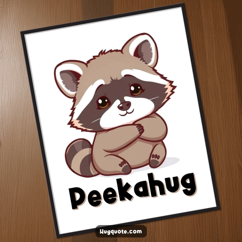 Funny Raccoon Digital Art Print showing a curious raccoon peeking from behind a hug, ideal for instant wall decor.