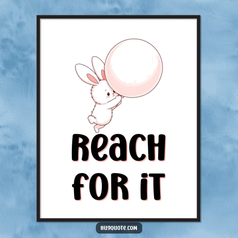 Funny digital art print of a fluffy bunny character attempting to hug a giant, floating balloon, full of charm.
