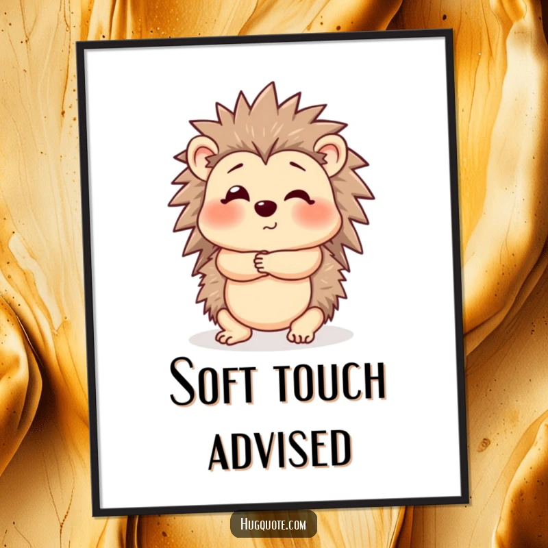 Funny Hedgehog Digital Art Print showing a cute hedgehog giving a gentle, cautious hug, ideal for instant home decor.