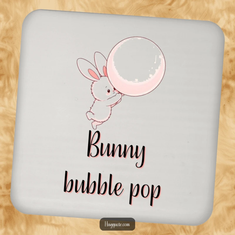 Funny drink coasters showing a fluffy bunny character attempting to hug a large, floating balloon, adding cute charm to tables.