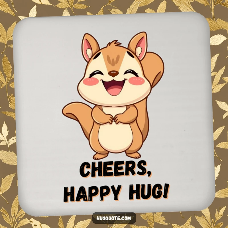Funny Squirrel Coaster featuring a grinning squirrel giving a quick, joyful embrace, protecting surfaces with cheer.