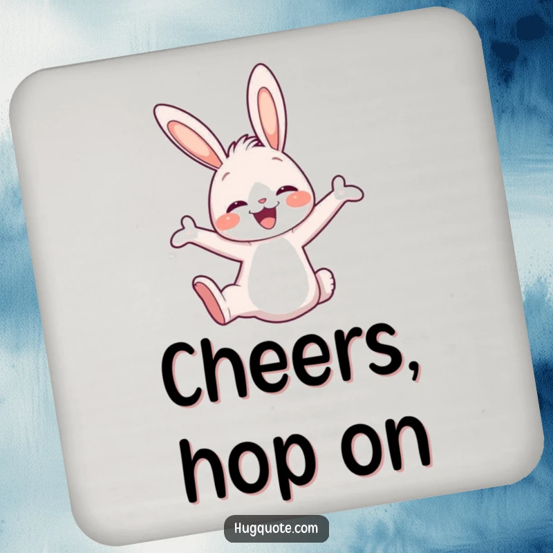 Funny drink coaster with a cute bunny character joyfully leaping into an embrace, adding a touch of happiness to table settings.