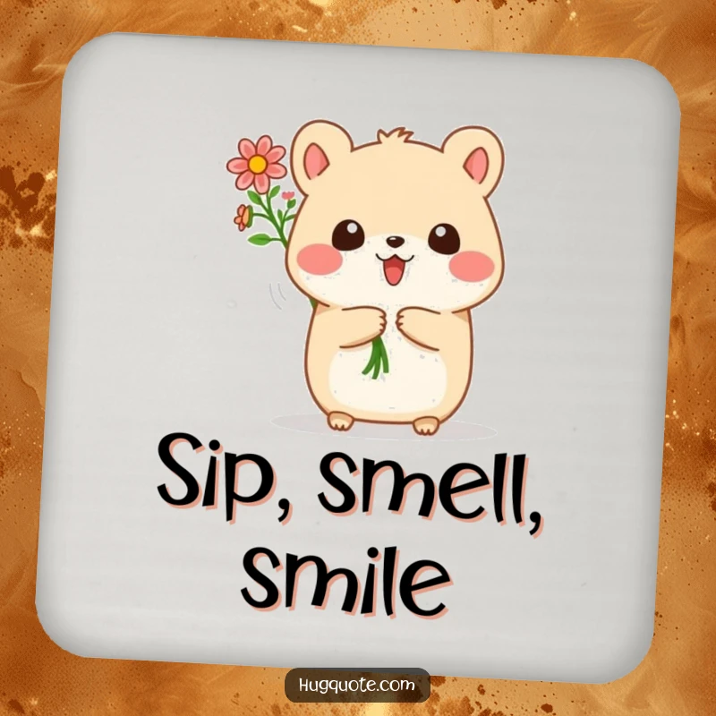 Funny drink coaster with a small, round animal character joyfully offering a bouquet of tiny flowers, a cute table accessory.