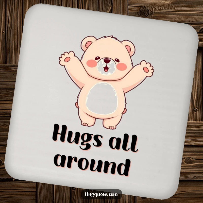 Funny drink coaster with a fluffy bear character enthusiastically hugging empty air, adding a humorous touch to any table setting.
