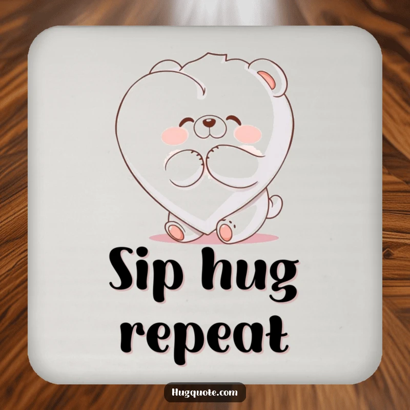 Funny drink coaster with a fluffy bear character joyfully hugging a giant marshmallow heart, adding humor to any table.