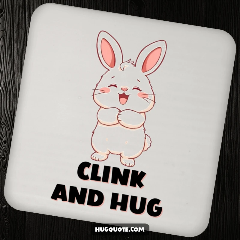 Funny drink coaster showing a fluffy bunny character joyfully hugging an unseen friend, protecting surfaces with affection.