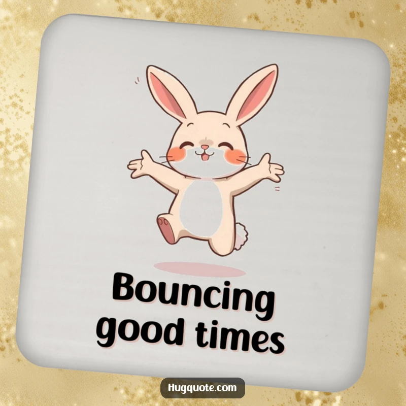 Funny drink coaster with a small bunny character leaping with open arms, ready for a hug, perfect for adding playful charm.