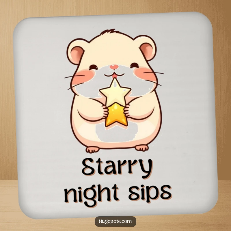 Funny cheerful hamster character hugging a shining star on drink coasters, adding cute humor to tabletops.