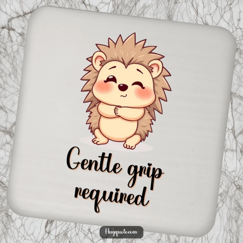 Funny Hedgehog Coaster featuring a cute hedgehog offering a gentle, cautious hug, protecting surfaces with humor.