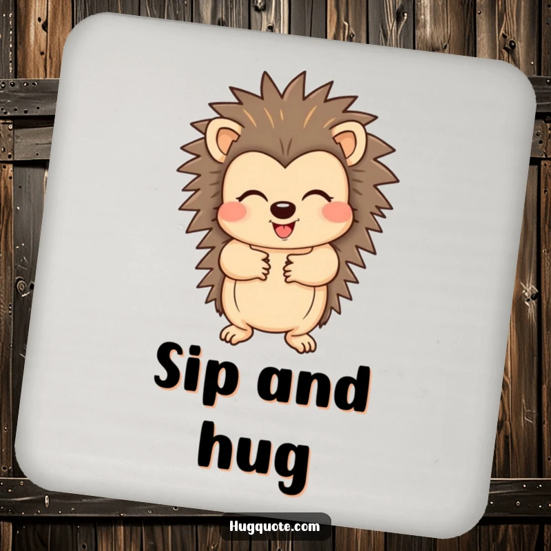 Funny drink coaster featuring a cheerful hedgehog character offering a warm hug with its paws, adding a touch of cute humor.