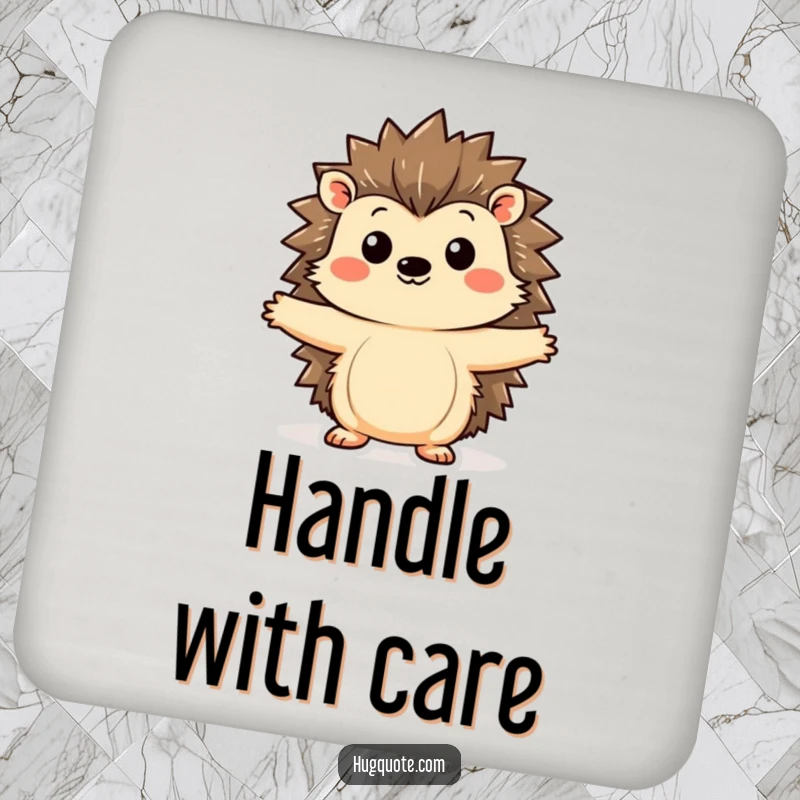 Funny hedgehog coaster depicting a kawaii hedgehog curiously extending its arms, inviting a hug, adding a charming and humorous touch to any drink setting.