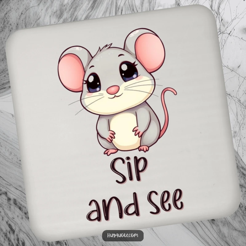 Funny mouse coaster depicting a kawaii mouse with big eyes peeking out, inviting a hug, adding a charming and humorous touch to any drink setting.