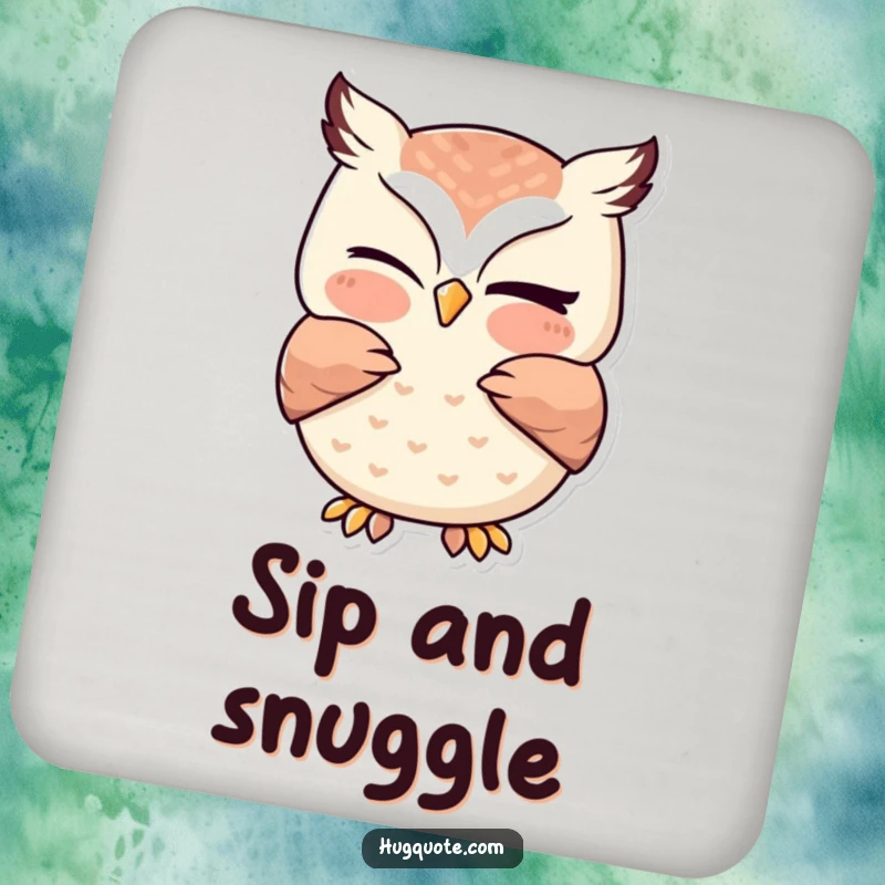 Funny owl coaster depicting a cute kawaii owl giving a gentle hug with a wink, adding a charming and humorous touch to any drink setting.