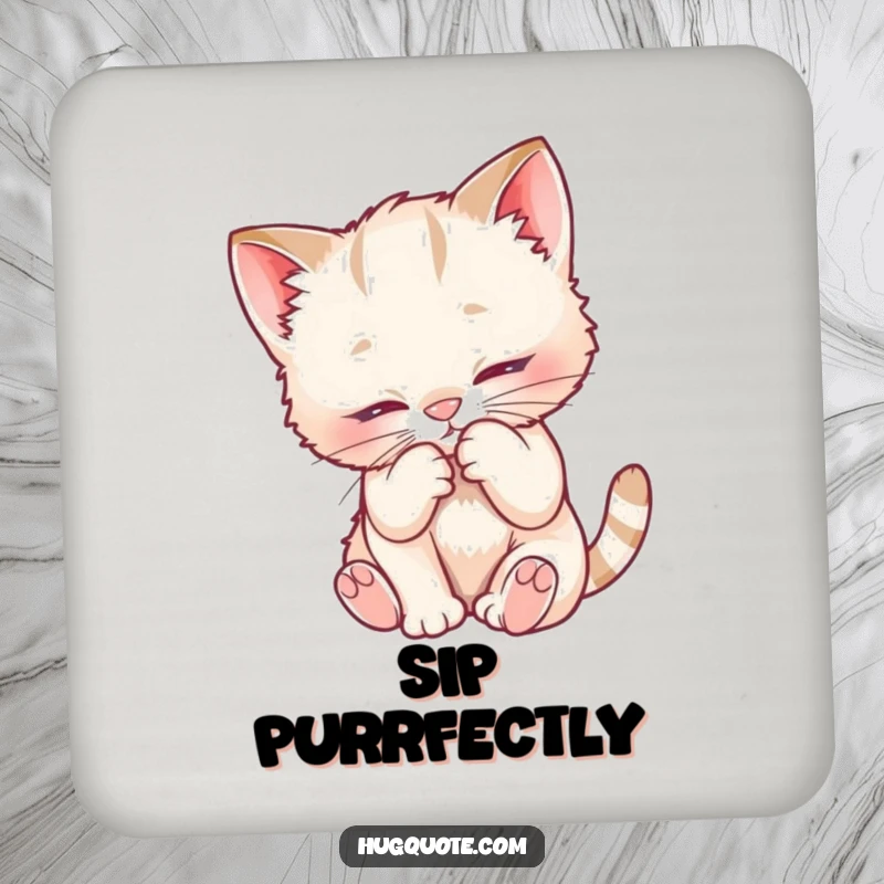 Funny drink coaster with a playful kitten nuzzling into a fuzzy chest, adding a touch of adorable feline comfort to table settings.