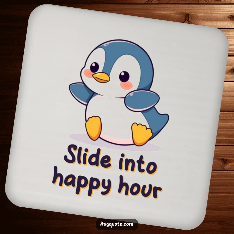 Funny Penguin character belly-sliding onto a drink coaster, offering cartoon protection and amusement for tables.