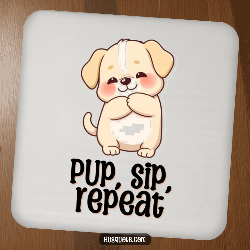 Funny drink coaster with a chubby puppy character wagging its tail happily during a hug, adding canine cheer to table settings.