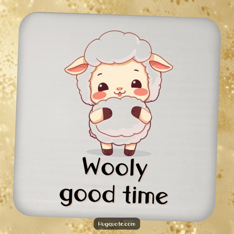 Funny sheep coaster with a smiling sheep offering a fluffy hug, offering stylish and humorous protection for drink surfaces.