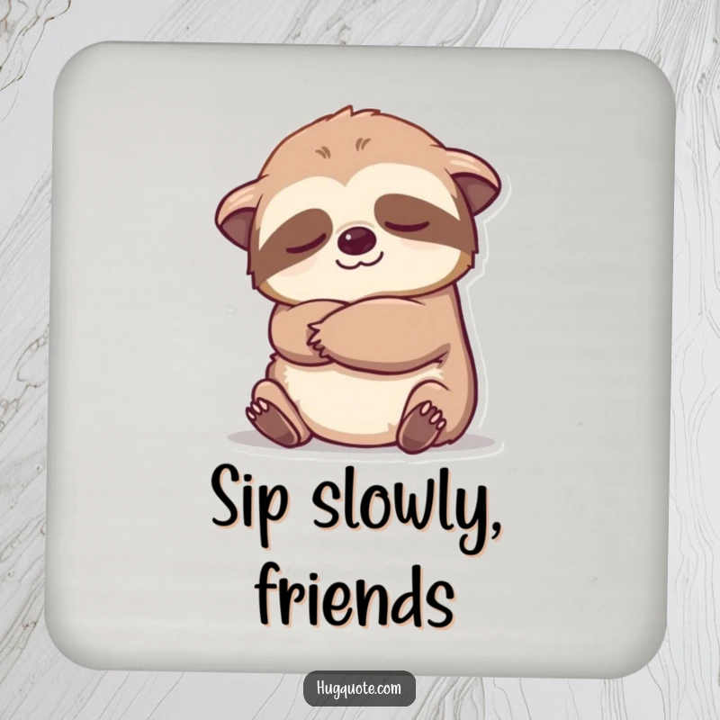 Funny sloth character offering a slow embrace on a drink coaster, bringing cartoon calm and surface protection.