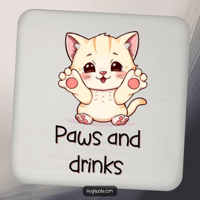 Funny drink coaster with a playful kitten character reaching out with paws, inviting a cozy and fun hug.