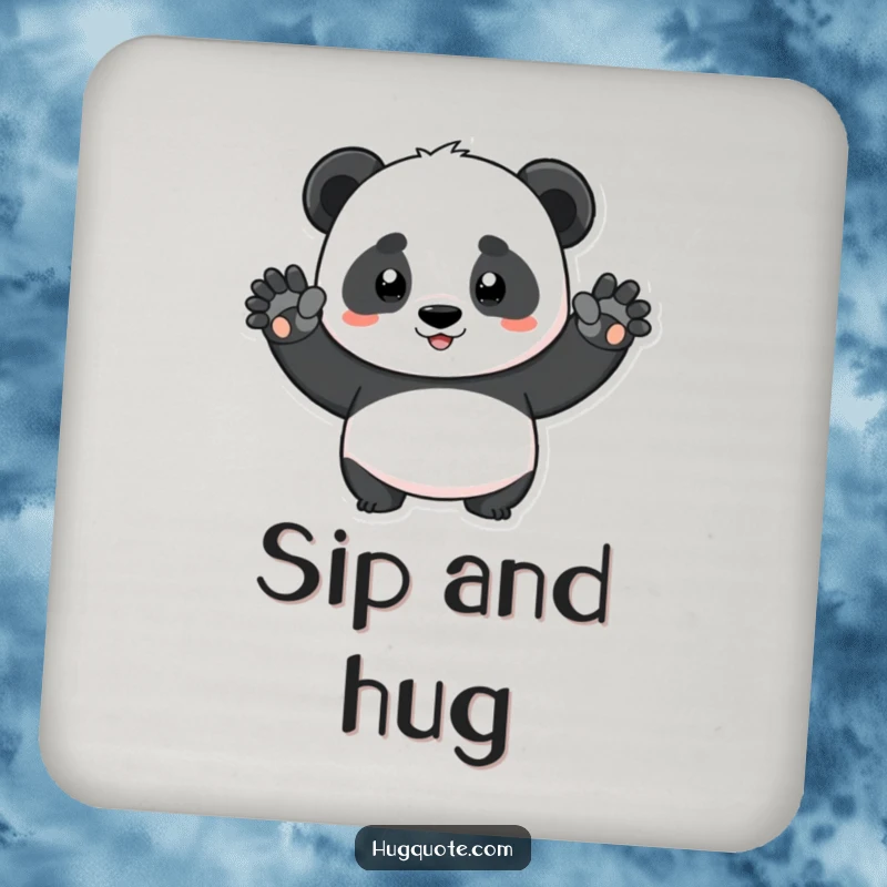 Funny determined panda character stretching arms for a big squeeze on drink coasters, bringing humorous warmth to tabletops.