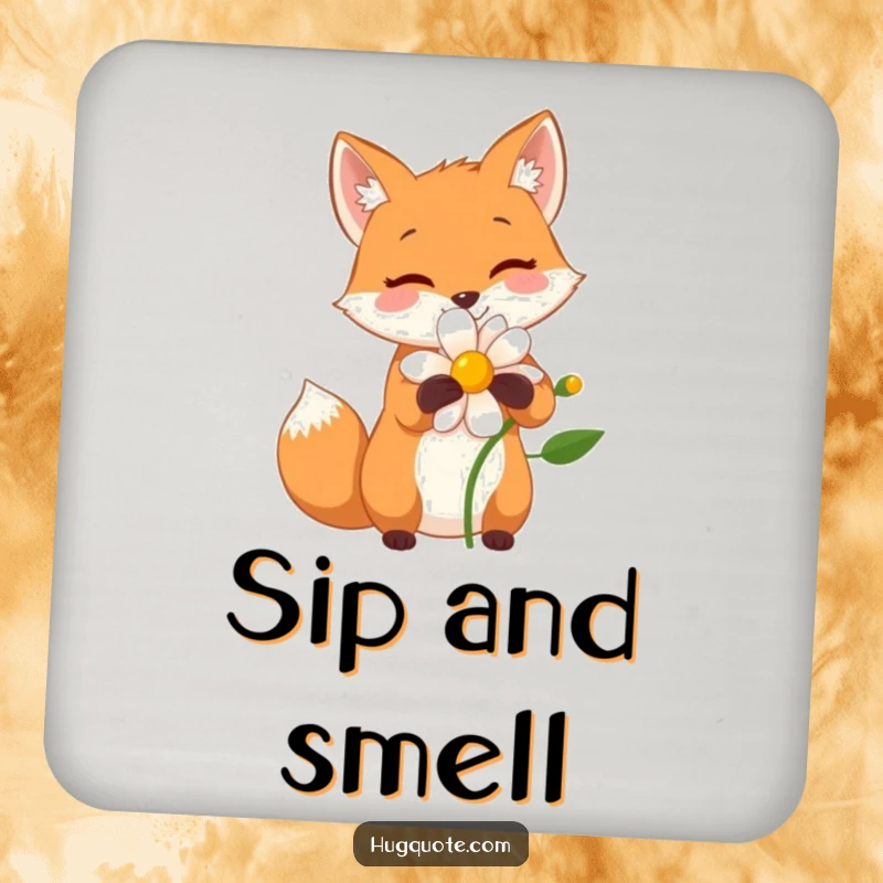 Funny drink coaster with a small fox character sharing a wide, happy hug with a flower, adding natural charm.