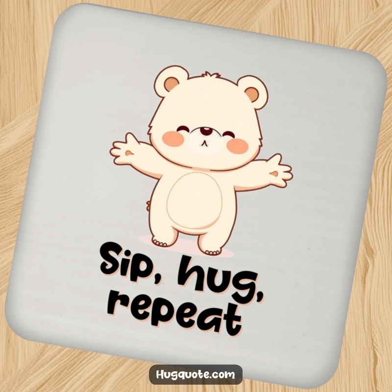 Funny drink coaster with a fluffy bear character extending its arms for a big, warm hug, protecting surfaces with charm.