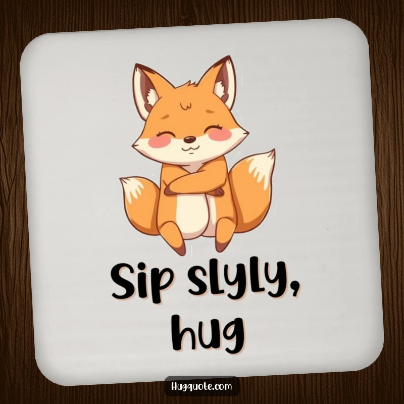 Funny drink coaster with an energetic fox character wrapping its arms around another, adding playful foxy charm to table settings.