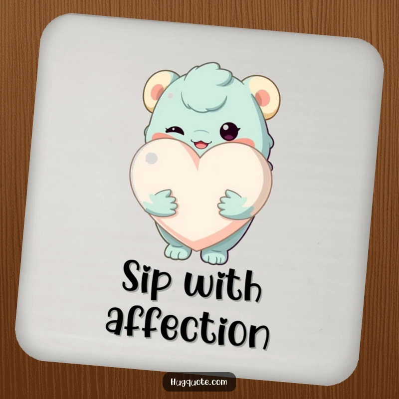 Funny drink coasters of a creature holding a large, soft heart, adding a symbol of love and protection to tables.