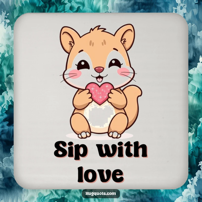 Funny drink coasters showing a cheerful squirrel character presenting a small, sparkly heart, adding cute charm to tables.