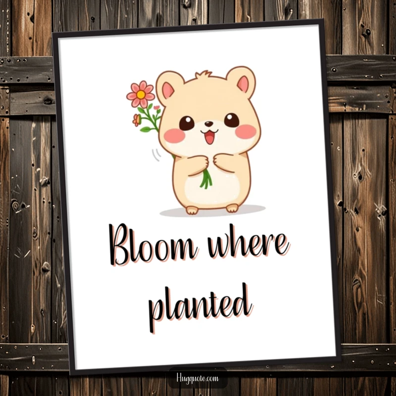 Funny poster featuring a small, round animal character joyfully offering a sweet bouquet of tiny flowers, bringing cheer to any room.