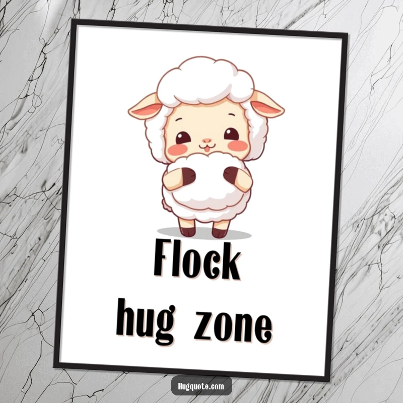 Funny sheep poster with a smiling character offering a fluffy hug, creating a heartwarming and visually cozy art piece.
